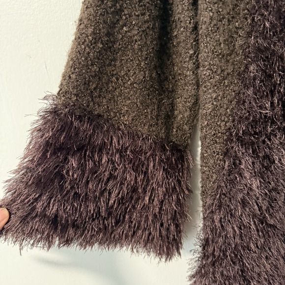 Noelle Enterprises Longline Brown Boucle Sweater Cardigan Faux Fur Trim Cashmere - Picture 2 of 13